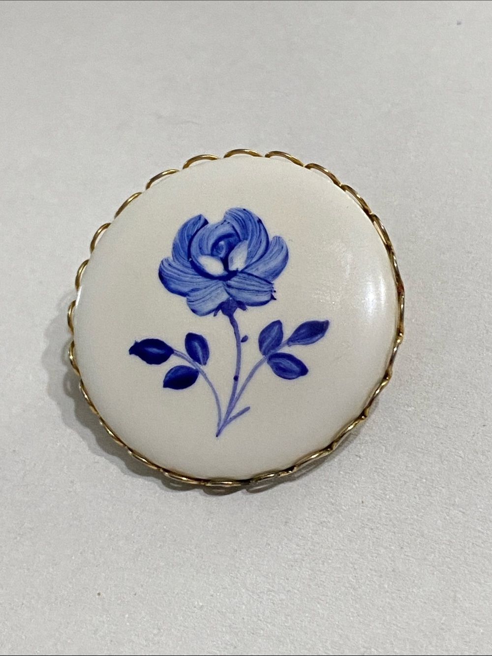 Hand painted Bone China Blue Floral Brooch with Gold Trim
